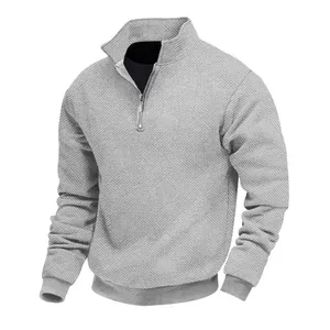 Men's grey American retro half-zip sweatshirt with vintage jacquard texture pattern