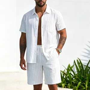 Stylish casual men's white striped linen shirt and shorts set worn by model outdoors