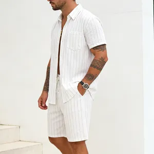 Men's casual linen-cotton two-piece set with vertical stripes and short sleeves