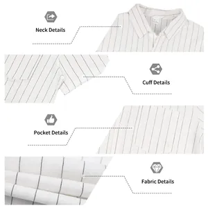 Detailed close-ups showing collar, cuffs, pocket and fabric of striped linen shirt