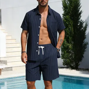 Stylish men's navy blue vertical striped linen shirt and shorts two-piece vacation set