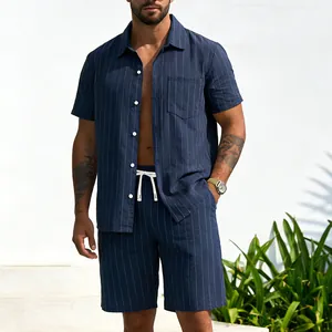 Men's navy striped linen-blend short sleeve shirt and shorts casual two-piece set.