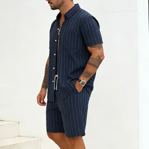 Detailed shot of men's navy blue pinstriped linen shirt and matching shorts set