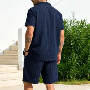 Rear view of a stylish men's navy striped linen shirt and shorts two-piece summer set.
