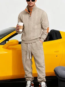 Zware getextureerde Henley sweatshirt en joggingbroek set voor heren in beige voor de herfst