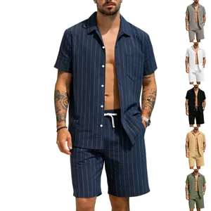Men Linen Blend Vertical Striped Two Piece Set Casual Short Sleeve Button Down Shirt And Drawstring Shorts Vacation Top And Bottom