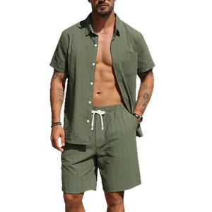Men's casual olive green striped linen short sleeve shirt and matching shorts 2-piece set.