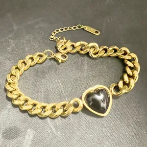 Fashion 18K Gold Plated Titanium Steel Heart Bracelet For Women Trendy Black Zirconia Cuban Link Chain Jewelry Accessory