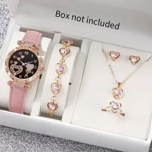 Elegant 6-piece pink leather watch and heart jewelry set with rhinestones