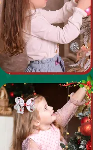Detailaufnahme einer festlichen weißen Schleifen-Haarspange mit Rentier-Stickerei für Kinder.