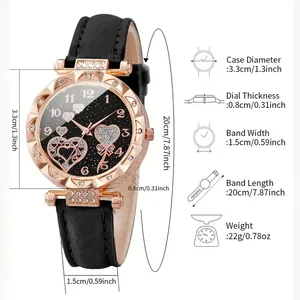 Detail view of heart pattern leather strap watch dimensions and rhinestone accents