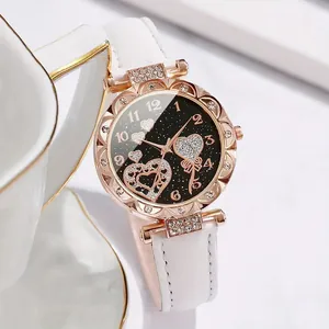 Detailed close-up of elegant ladies' watch with rhinestone bezel and heart starry dial