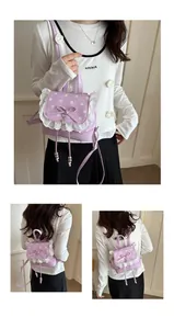 Zainetto lavanda carino con pizzo bianco, fiocco e ciondolo a cuore per ragazze