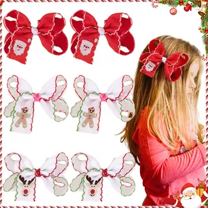 6er-Set Weihnachts-Haarspangen mit bestickten Schleifen für Mädchen, Weihnachtsmann-Design.