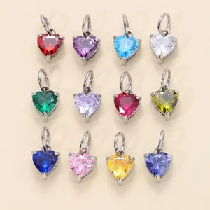 Assorted set of 12 colorful heart-shaped birthstone pendants with stainless steel bails