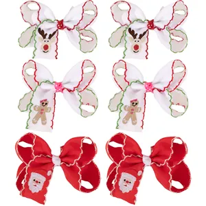 6er-Set Weihnachts-Haarschleifen für Mädchen mit Rentier- und Weihnachtsmann-Stickerei