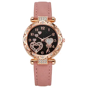 Elegante Damen-Roségolduhr mit rosa Lederarmband und glitzerndem Herz-Zifferblatt