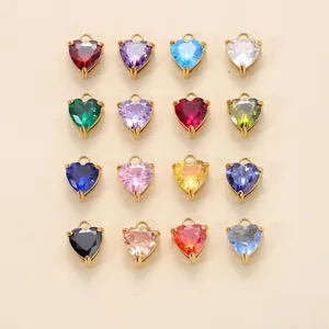 Multicolor heart birthstone pendants with gold stainless steel prong settings for DIY jewelry.