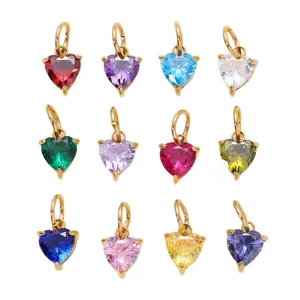 Collection of 12 multi-color heart birthstone pendants in gold-plated stainless steel for DIY