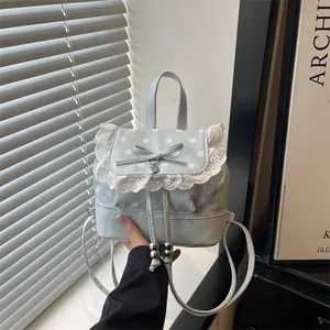Zainetto Mini in Pizzo con Fiocco per Donna Ragazza in Pelle PU a Pois Piccola Borsa da Scuola Stile Lolita Giapponese