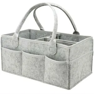 Large grey felt diaper caddy organizer with compartments and handles for baby essentials