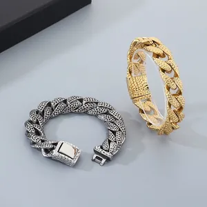 Punk vintage textured Cuban link bracelets for men in gold and silver stainless steel