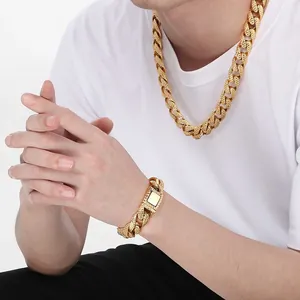 Punk vintage textured stainless steel Cuban link necklace and bracelet set for men