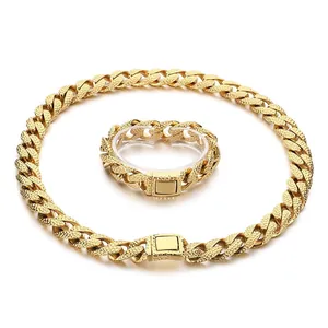 Punk retro textured Cuban link chain necklace and bracelet set in polished gold finish