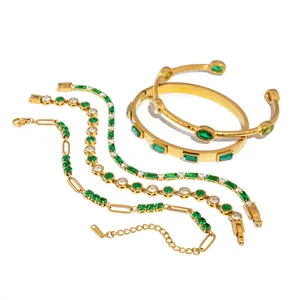 Conjunto de pulseras de lujo en acero inoxidable chapado en oro 18k y circón verde