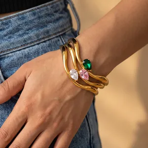 Fashion Stainless Steel Waterdrop Zirconia Bangle 18K Gold Plated Geometric Wave Design Elegant Cuff Bracelet For Women Jewelry Gift