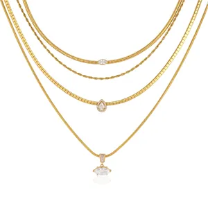 Layered gold-plated titanium steel necklace set with sparkling crystal pendants