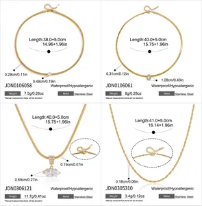 Detailed size guide for four styles of gold stainless steel necklaces with weight and length info.