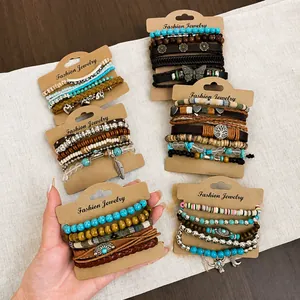 Stijlvolle Boheemse etnische houten kralen armbandenset voor dames met bedeltjes