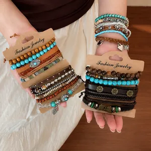 Bohemian etnische stijl meerlagige armbandset met houten kralen en turkoois voor dames