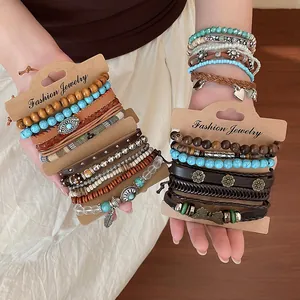 Boheemse meerlaagse kralenarmbandset met houten kralen en leer