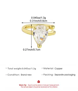 Detailed teardrop zircon copper ear cuff with precise measurements and total product weight