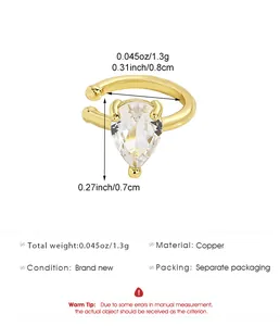 Detail of a gold pear-shaped zircon ear cuff with dimensions and product specifications.