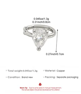 Detail view of water drop cubic zirconia ear cuff with dimensions and specifications
