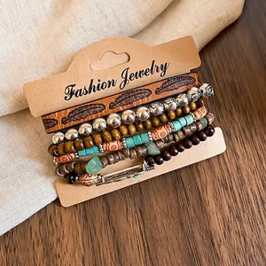 Set of 6 vintage ethnic beaded bracelets with natural wood and coconut shell beads