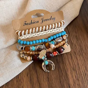6pcs Bohemian handmade beaded bracelet set with wooden beads and turquoise charms