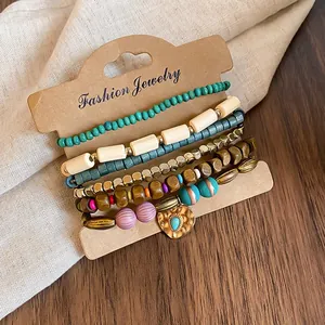 Bohemian vintage wood bead and coconut shell bracelet set of 6 multi-layer jewelry