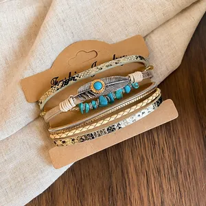 Bohemian 6-piece bracelet set with turquoise stones and feather charm