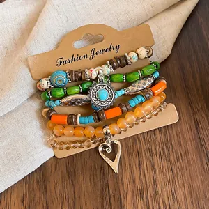 Vintage 6-piece bohemian beaded bracelet set with irregular wood and coconut shell beads