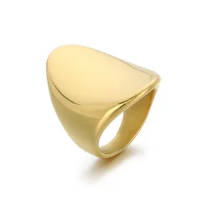 Minimalist wide band polished gold stainless steel elliptical ring for men and women