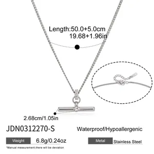 Minimalist stainless steel T-bar pendant necklace with zirconia and 50+5cm adjustable chain