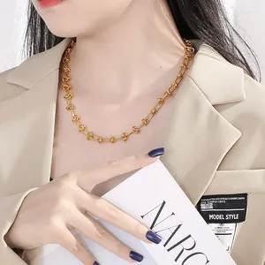 Minimalist gold-colored stainless steel necklace with geometric oval knot links