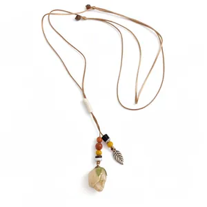 Handmade ceramic rose pendant necklace with wood beads and leaf charm for women