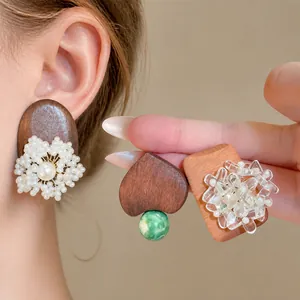 Handmade Ethnic Style Wooden Stud Earrings For Women Vintage Wood Artificial Pearl Glass Flower Heart Shape Jewelry Earrings