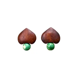 Ethnic style wooden heart stud earrings with green marbled glass beads for women
