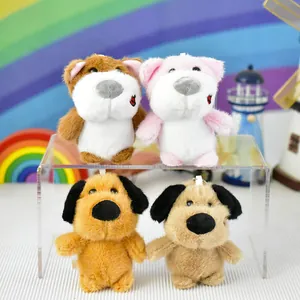 Detail view of four cute plush dog keychains in different colors and ear styles.